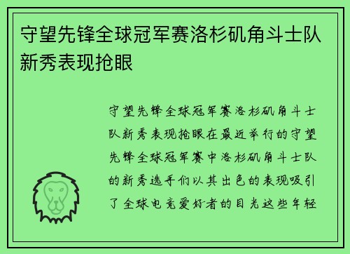 守望先锋全球冠军赛洛杉矶角斗士队新秀表现抢眼